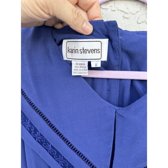 VTG Karin Stevens Blue Yoke Collar Dress  Size 8 Nautical Button Midi Pleated - Picture 5 of 10